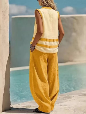 Yellow with Striped Sleeveless Top And Wide-leg Pants Set