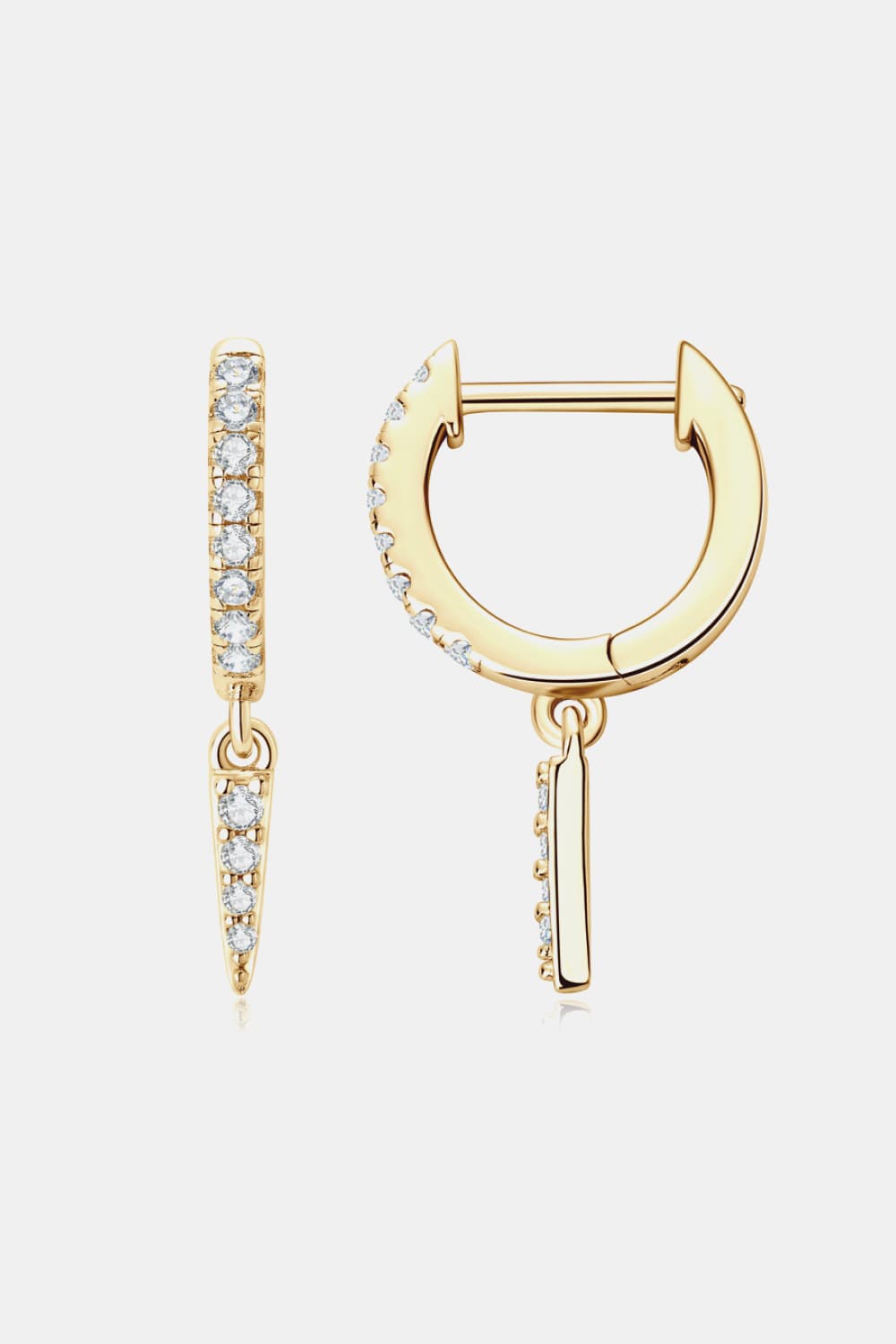 Gold pavé spike huggie earrings with dangling spike charm.