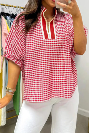 Red and white gingham checkered half sleeve maternity overshirt with zip neck