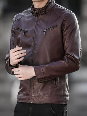 Men's maroon leather jacket with zip front and chest pockets.