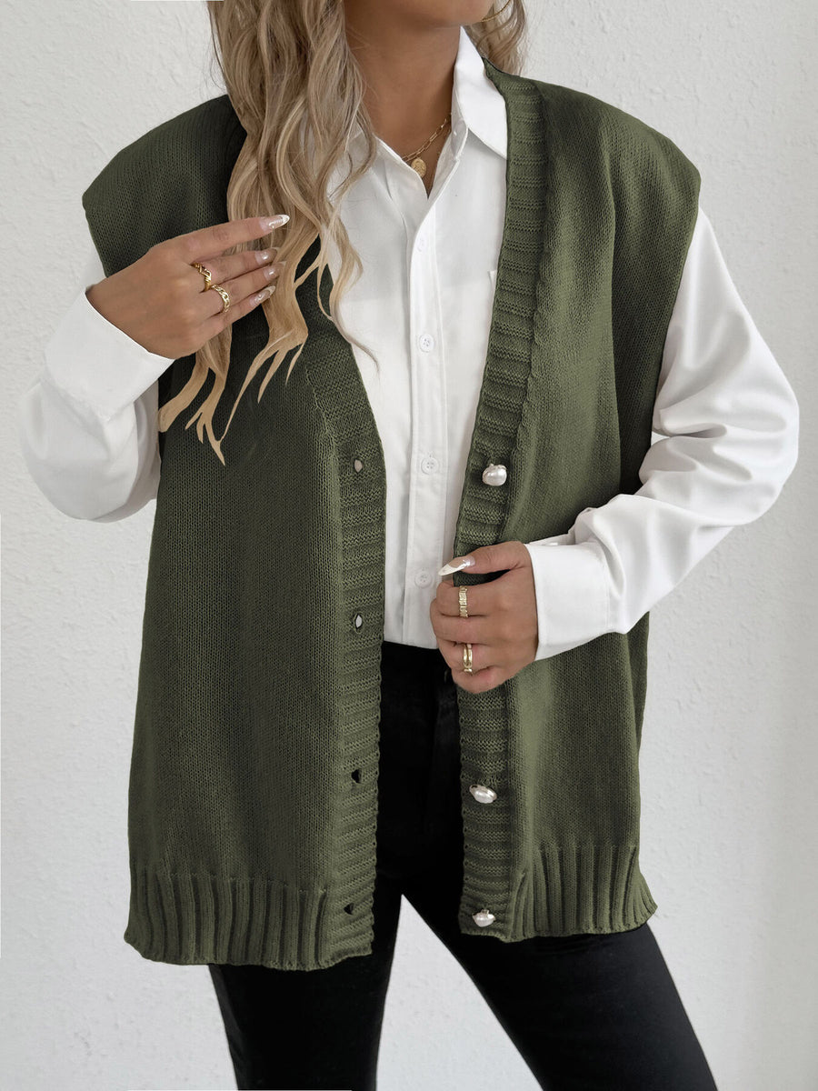 V-Neck Button-Front Knit Sweater Vest in Military Green with oversized