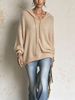 pullover hoodie in camel featuring drawstring and oversized fit