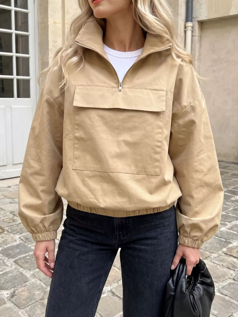 windbreaker in khaki featuring drawstring and relaxed fit