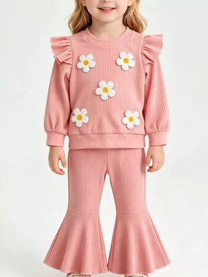 Pink Children's Daisy Ruffled Ribbed Top & Flare Pants Set