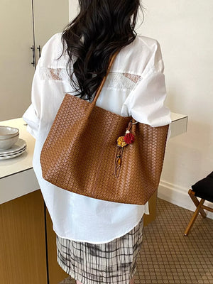 tote featuring woven in Brown with PU Leather Imported Size &amp texture
