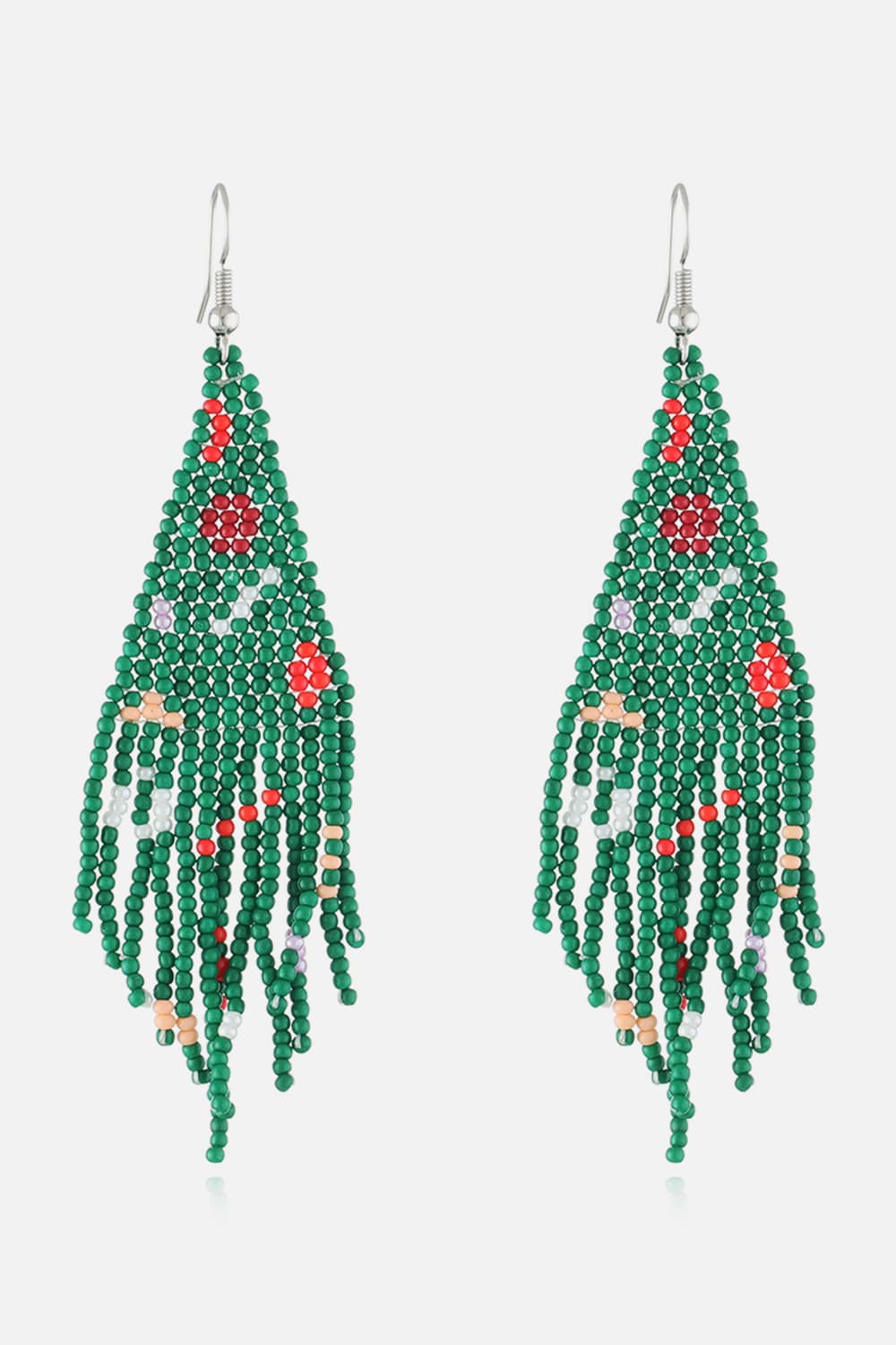 Green beaded Christmas tree drop earrings with red and white accents.