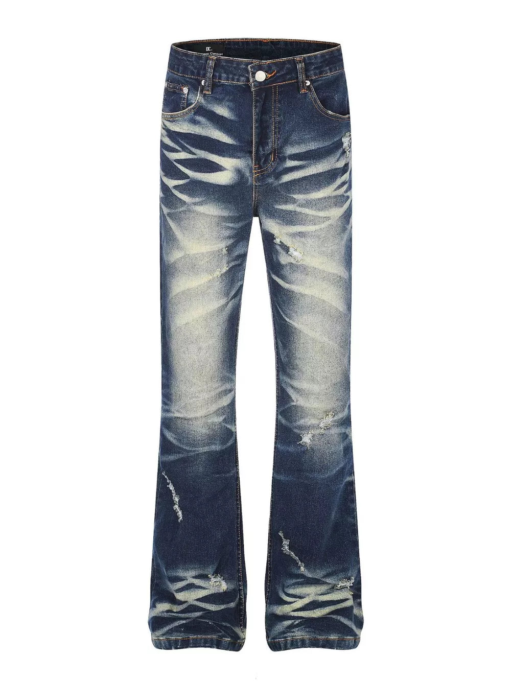 Distressed flare jeans in dark wash blue cotton with pocket details and button fly.