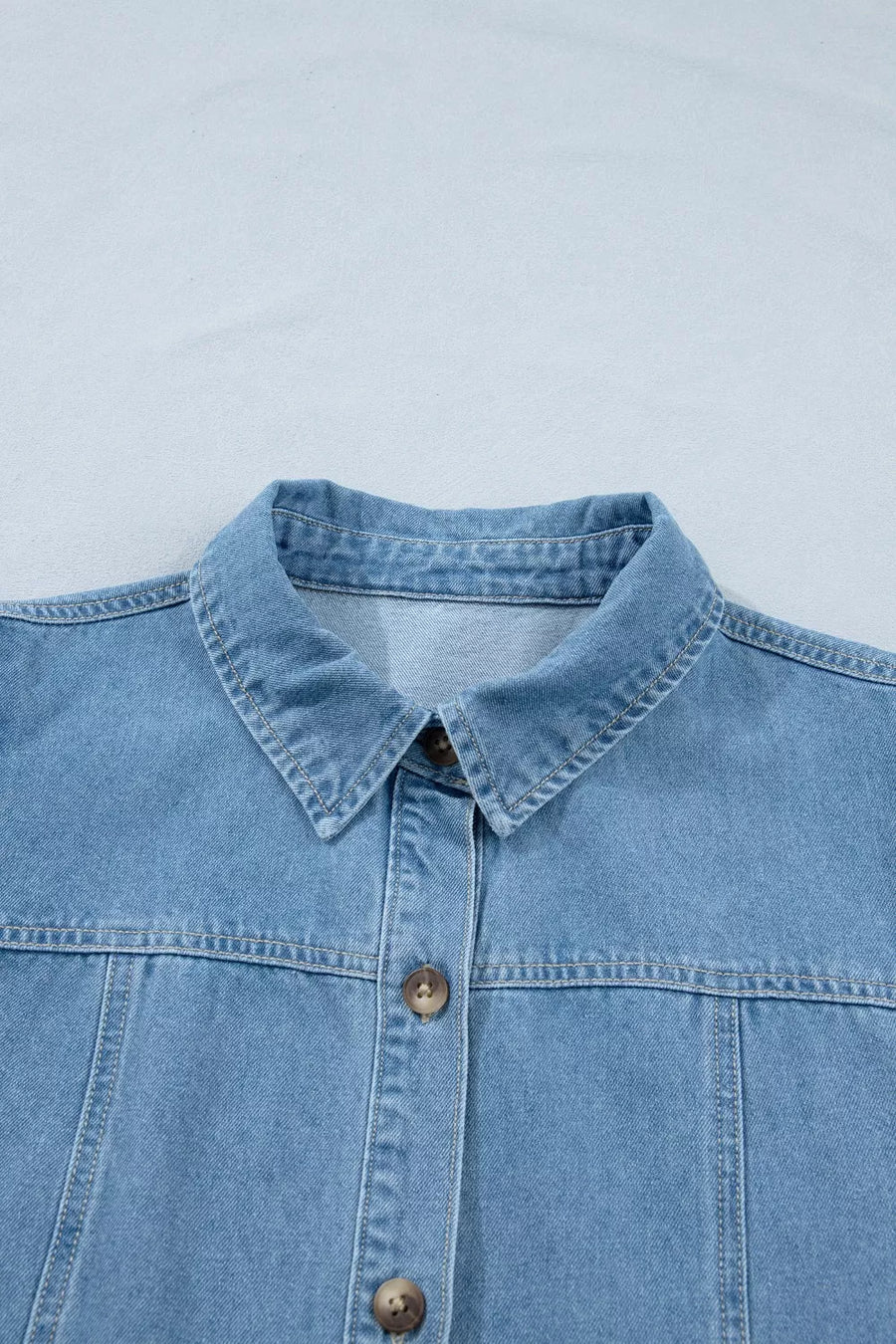 Light wash denim dress with button front and collar detail