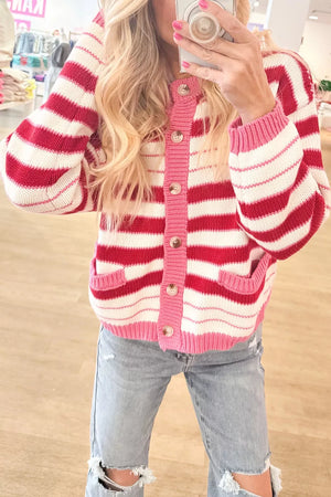 Stripe V Neck Long Sleeve Cardigan in Strawberry