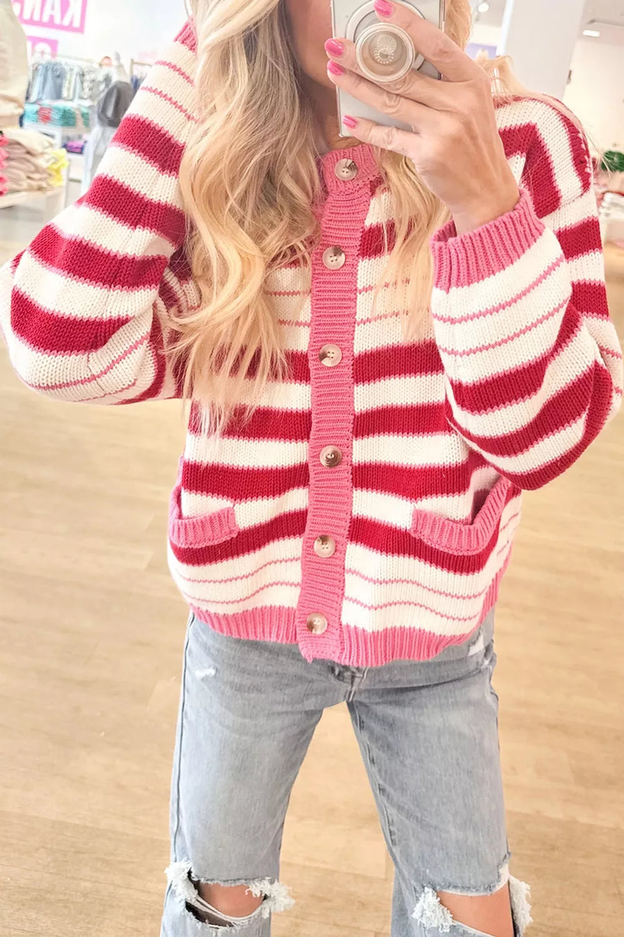 Stripe V Neck Long Sleeve Cardigan in Strawberry