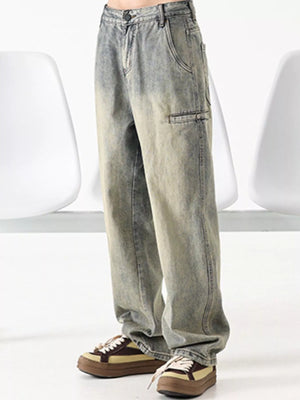 Vintage loose fit denim trousers in Air Force Blue with a faded wash and utility pocket.