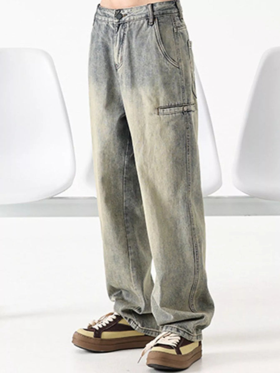 Vintage loose fit denim trousers in Air Force Blue with a faded wash and utility pocket.