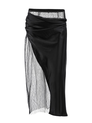 Black midi skirt with draped satin and sheer lace panel detail