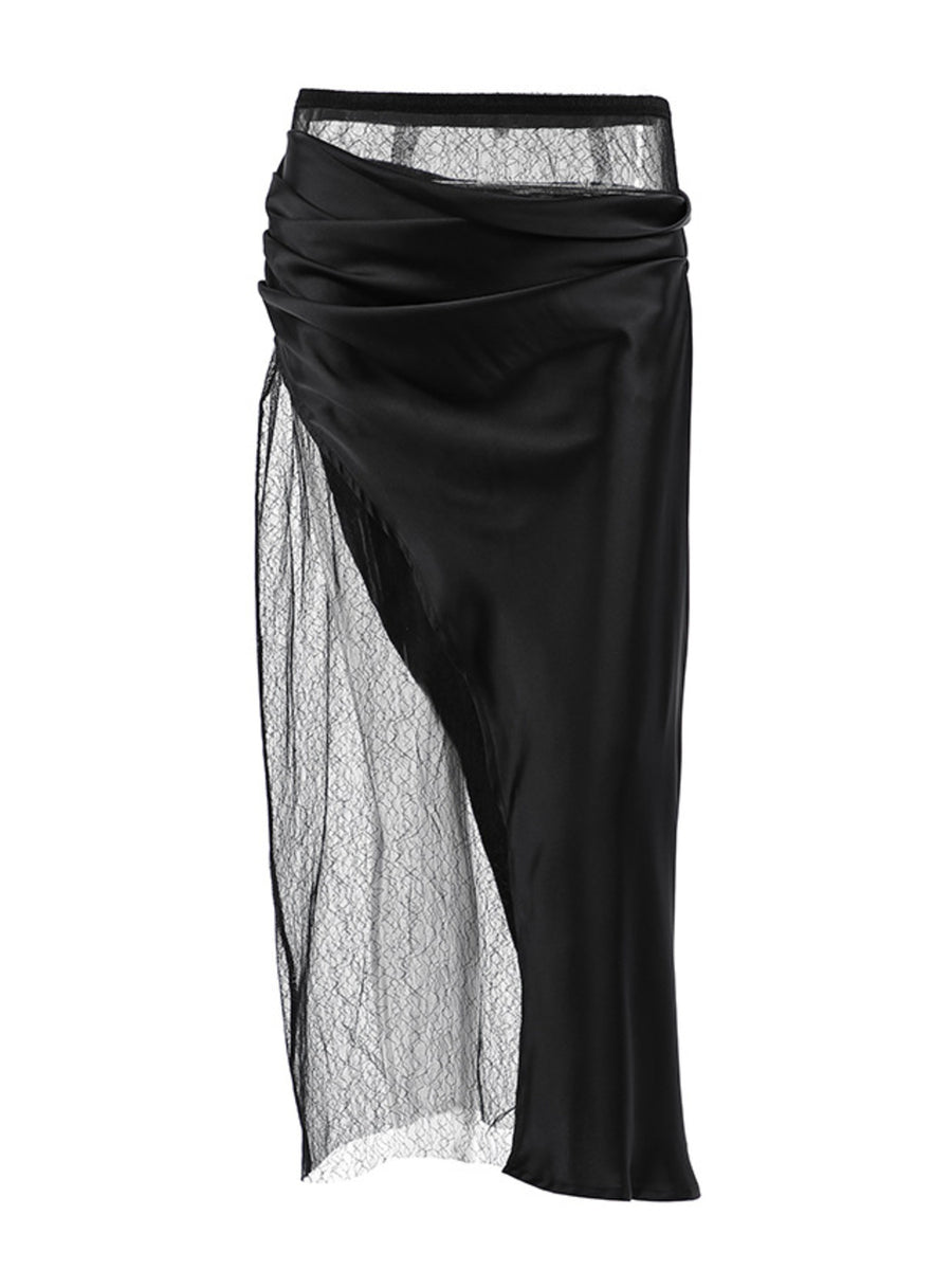 Black midi skirt with draped satin and sheer lace panel detail
