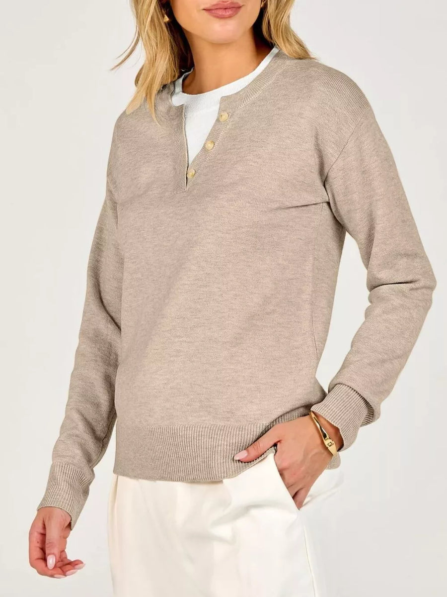 Navy pullover sweater with hip-length and half-button