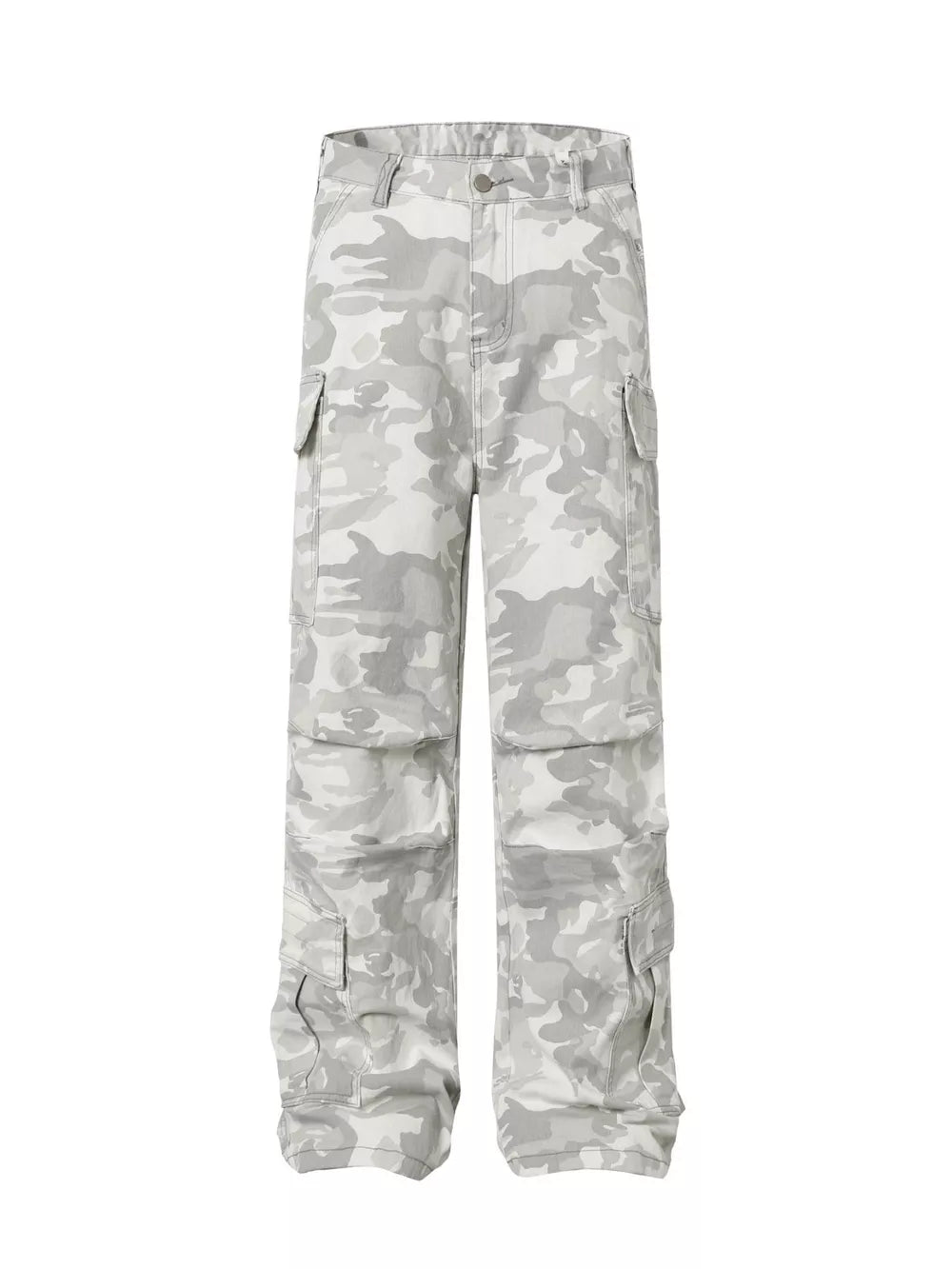 Men's camouflage cargo pants with multiple utility pockets in a light grey and white pattern.