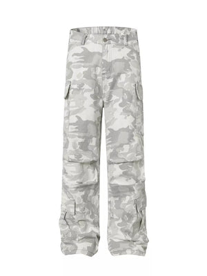 Men's camouflage cargo pants with multiple utility pockets in a light grey and white pattern.