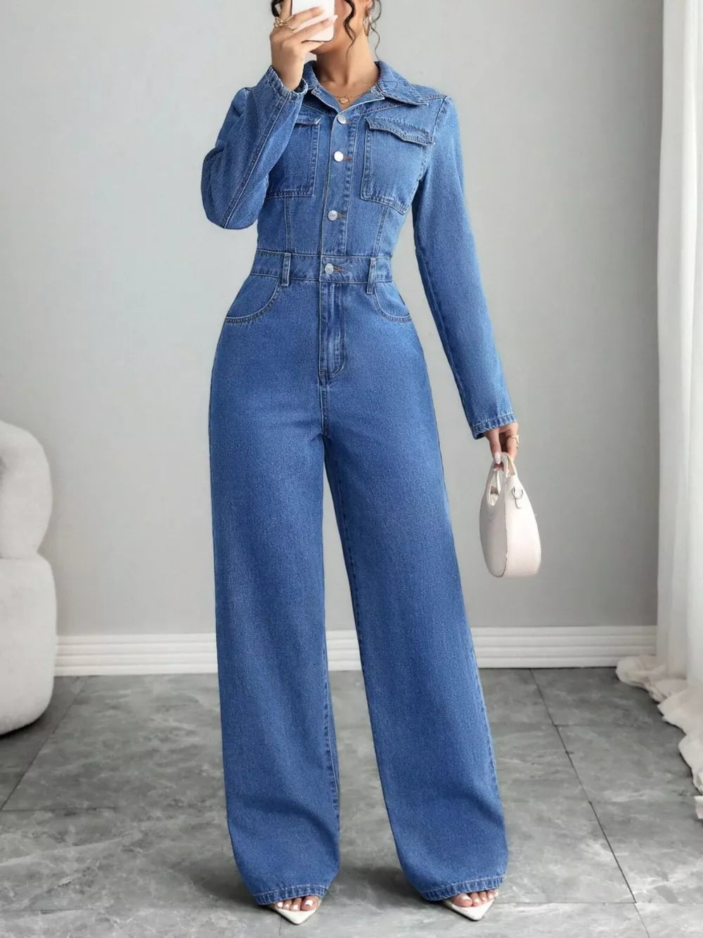 Button Front Long Sleeve Denim Jumpsuit