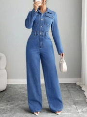 Button Front Long Sleeve Denim Jumpsuit