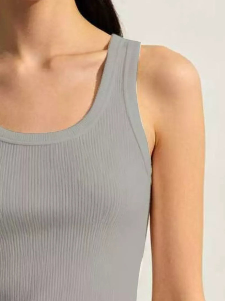 Blue Ribbed Knit U-neck Tank