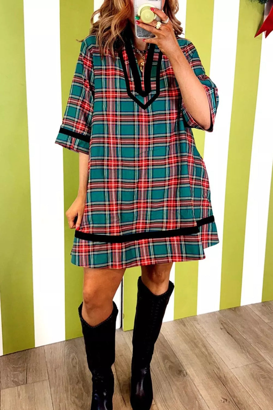 Plaid with Plaid Velvet Trim Short Shift Dress