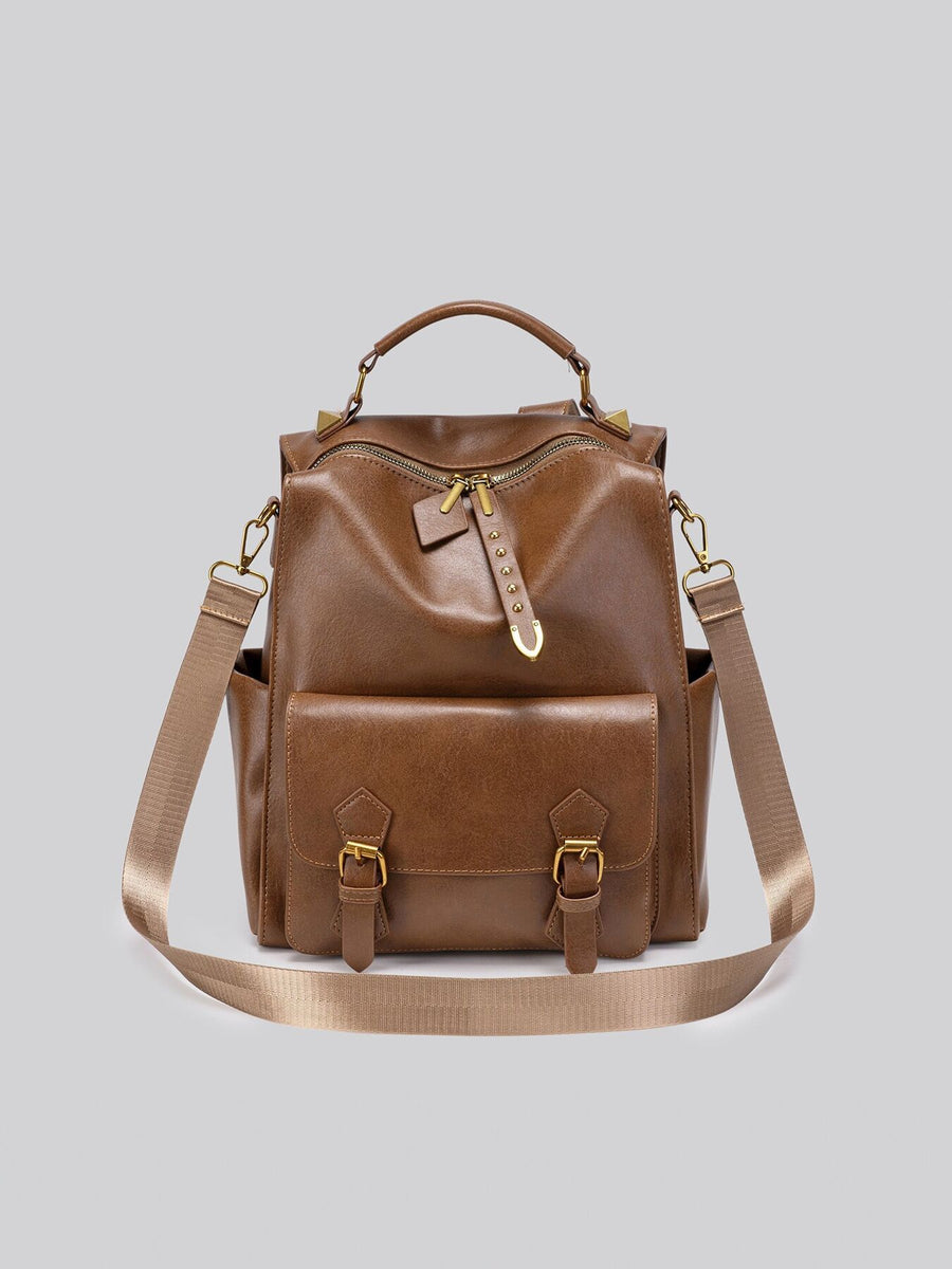 PU Leather Imported Size &amp backpack in cognac brown with boxy silhouette