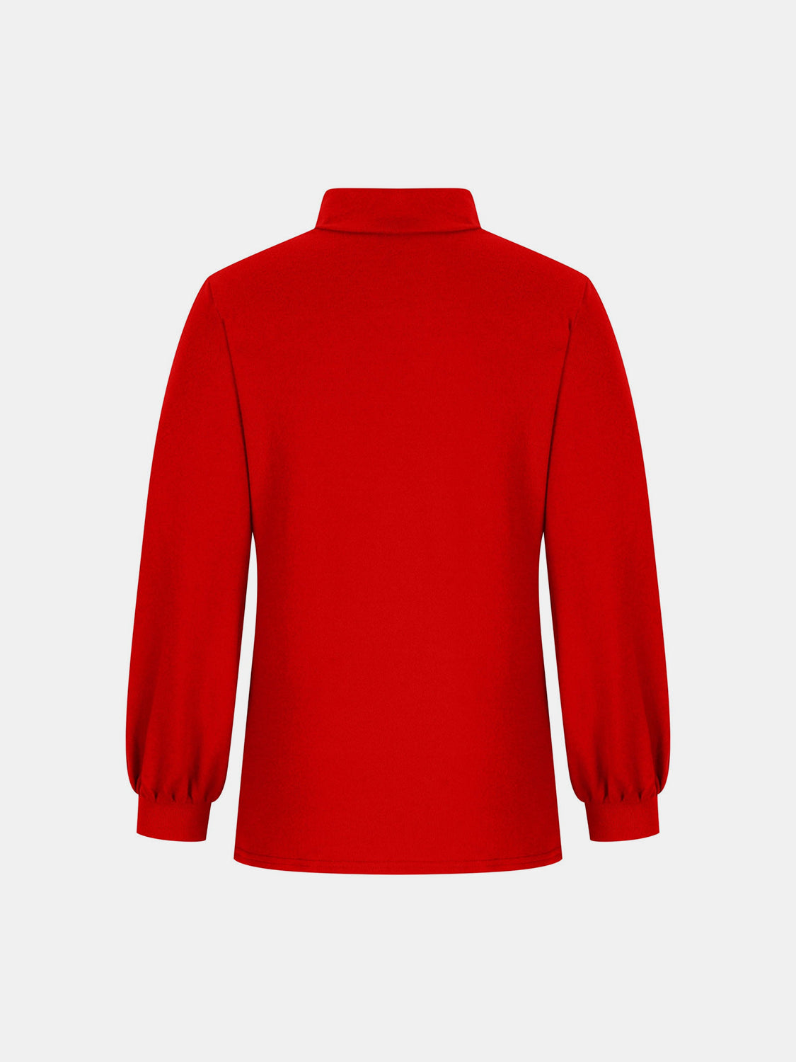Button-back puff sleeve mock neck top in red with long sleeves and gathered cuffs.
