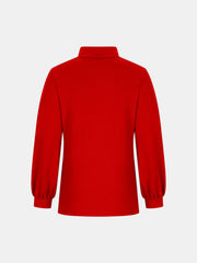 Button-back puff sleeve mock neck top in red with long sleeves and gathered cuffs.