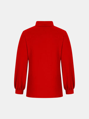 Button-back puff sleeve mock neck top in red with long sleeves and gathered cuffs.