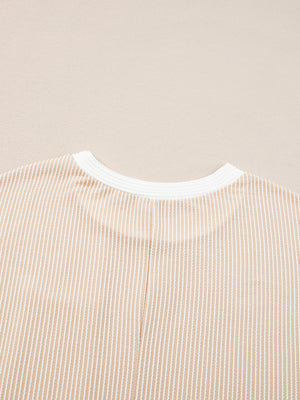 Beige striped t-shirt dress with crew neck and white trim detail.