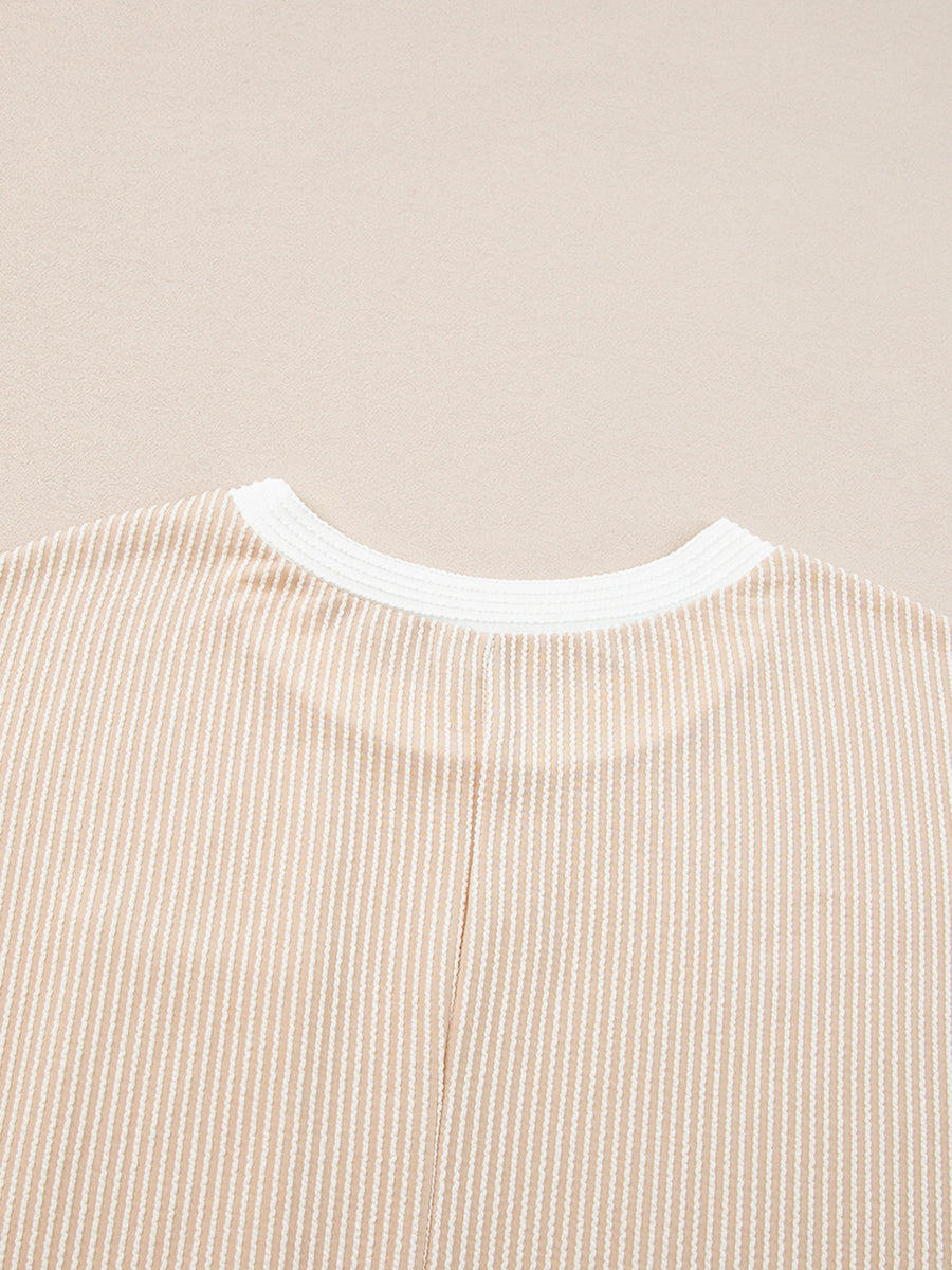 Beige striped t-shirt dress with crew neck and white trim detail.