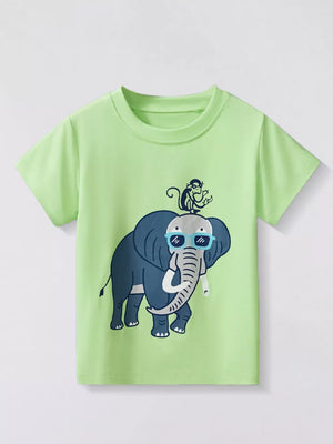 Light green t-shirt with a graphic print of a blue elephant wearing sunglasses and a monkey on its head.
