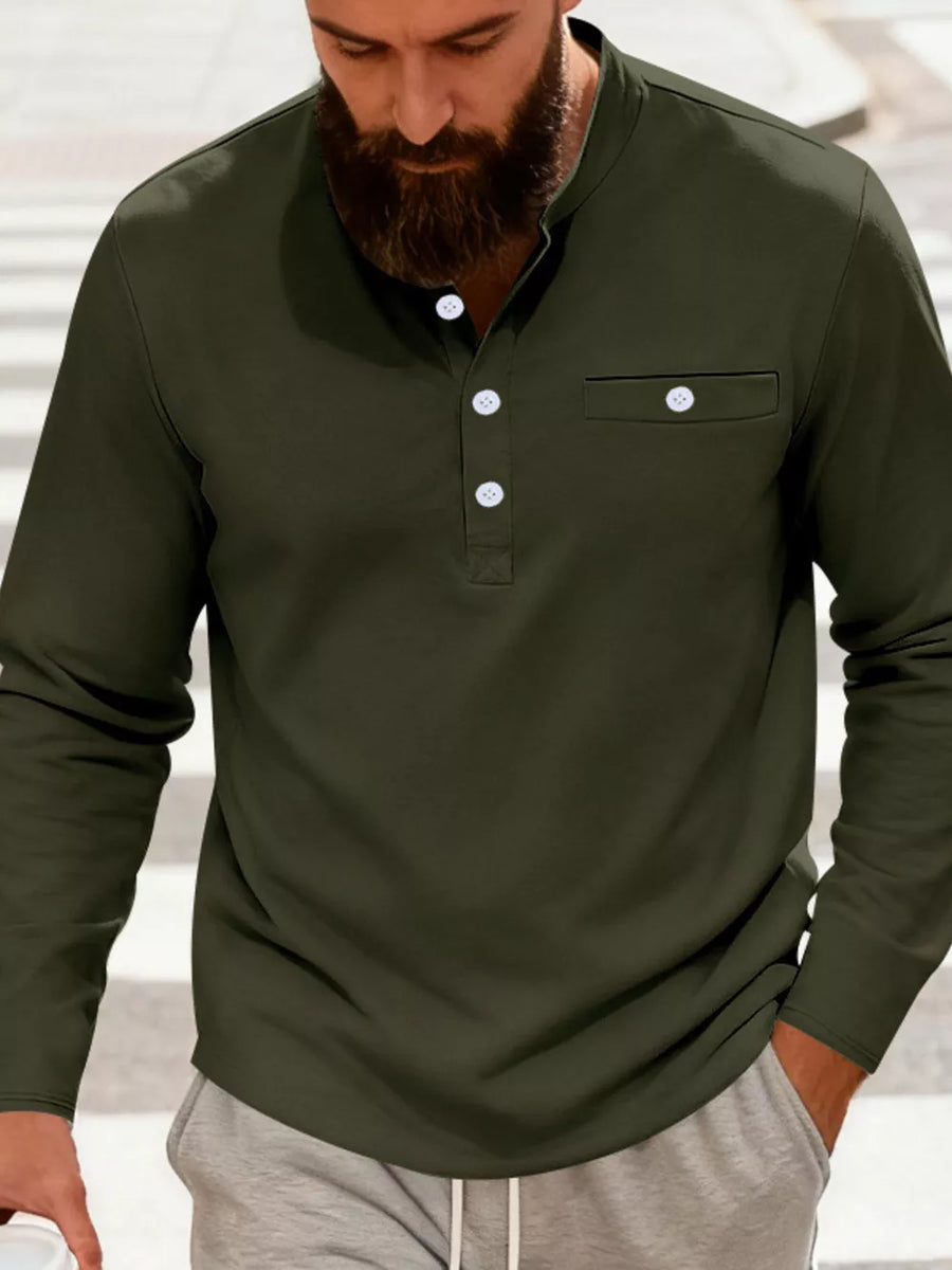 Army green long sleeve band collar shirt with button detail and chest pocket