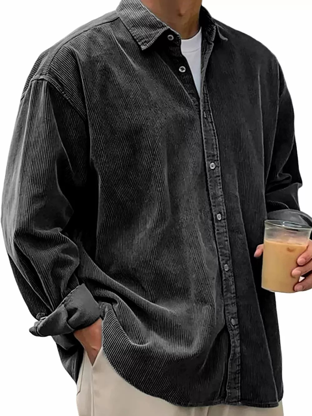 Men's black corduroy long sleeve button-down shirt with a relaxed fit.
