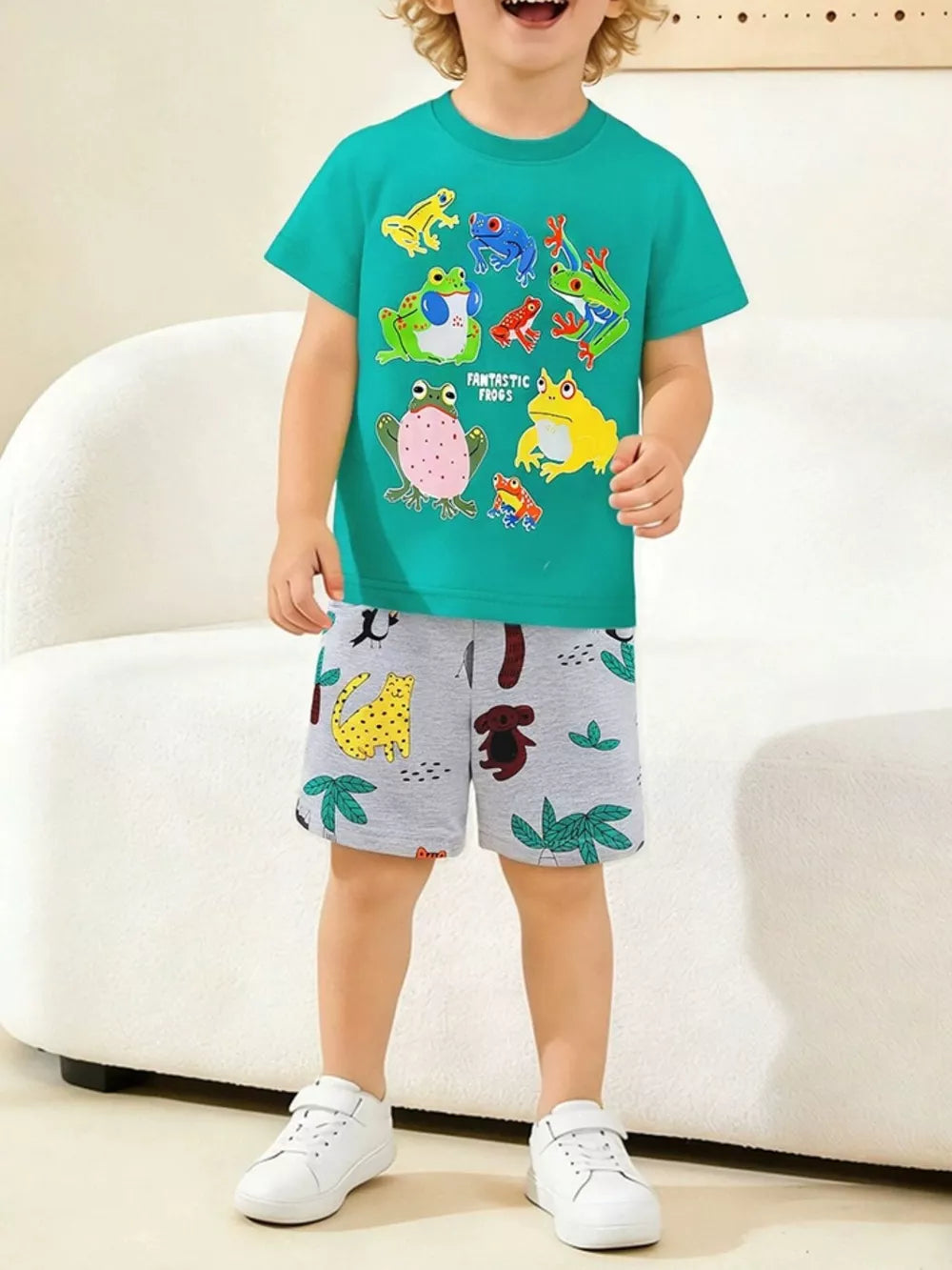 Toddler boys' cotton tee and shorts set with frog and jungle print