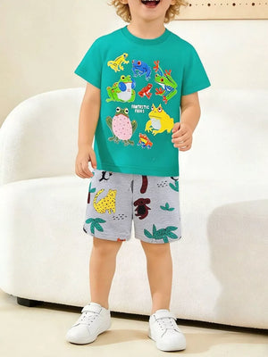 Toddler boys' cotton tee and shorts set with frog and jungle print
