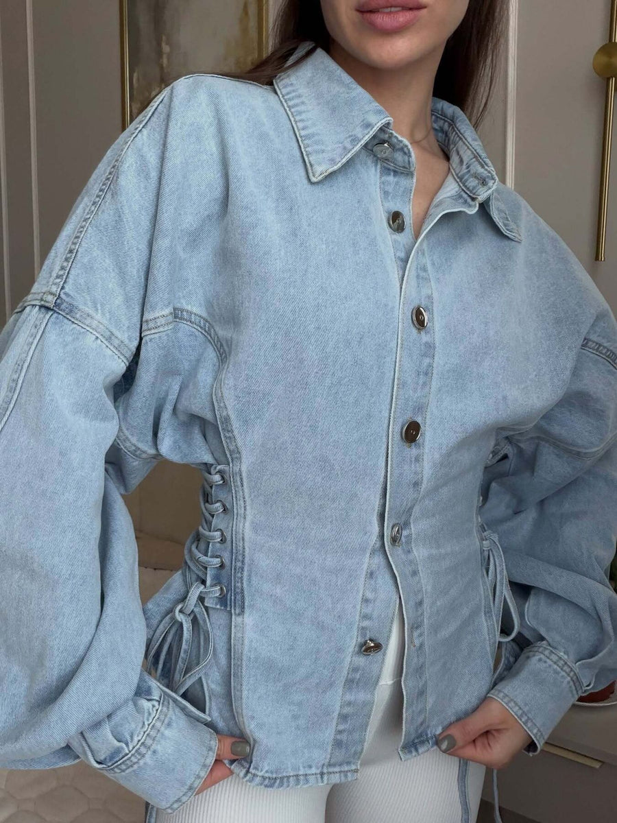 light blue denim jacket with hip-length and button-front