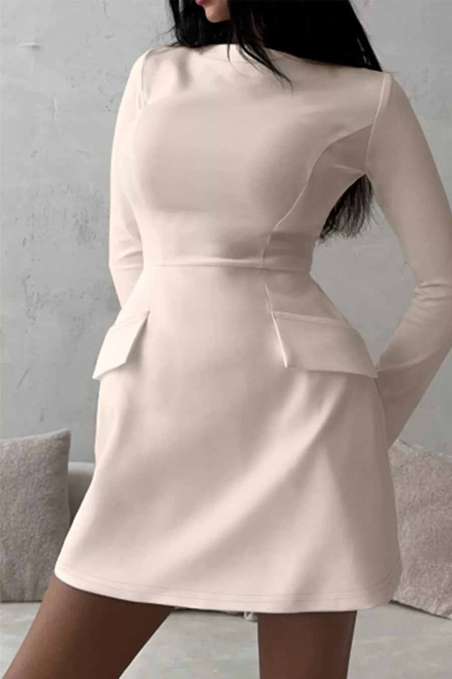 Long-sleeve Mini Dress With Flap Pockets in White