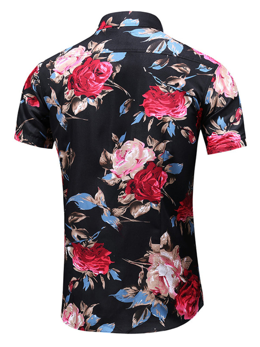 Men's black short sleeve button-up shirt with a vibrant floral print.