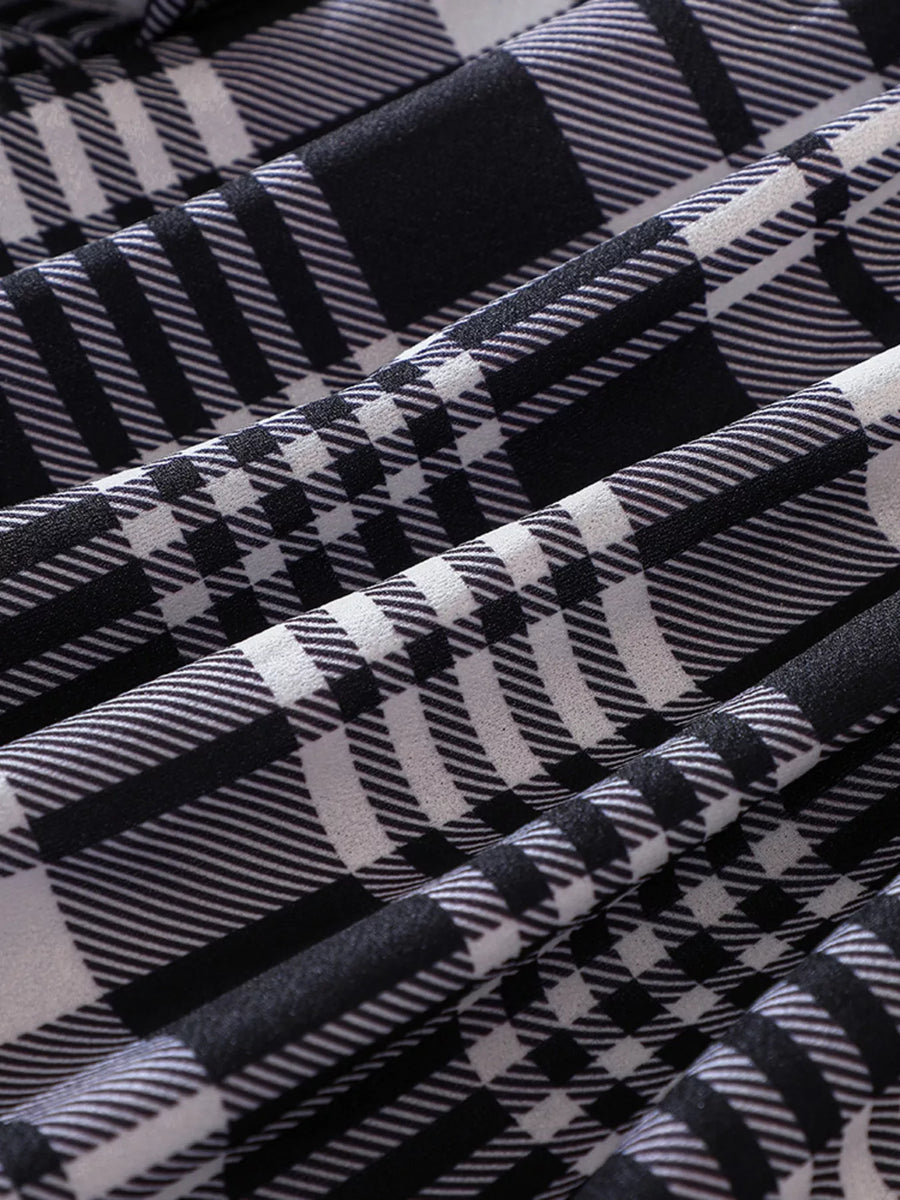 Black Belted Plaid Long-Sleeve Dress