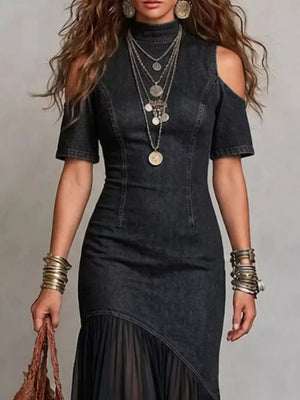 Black A-line maxi dress with mock neck