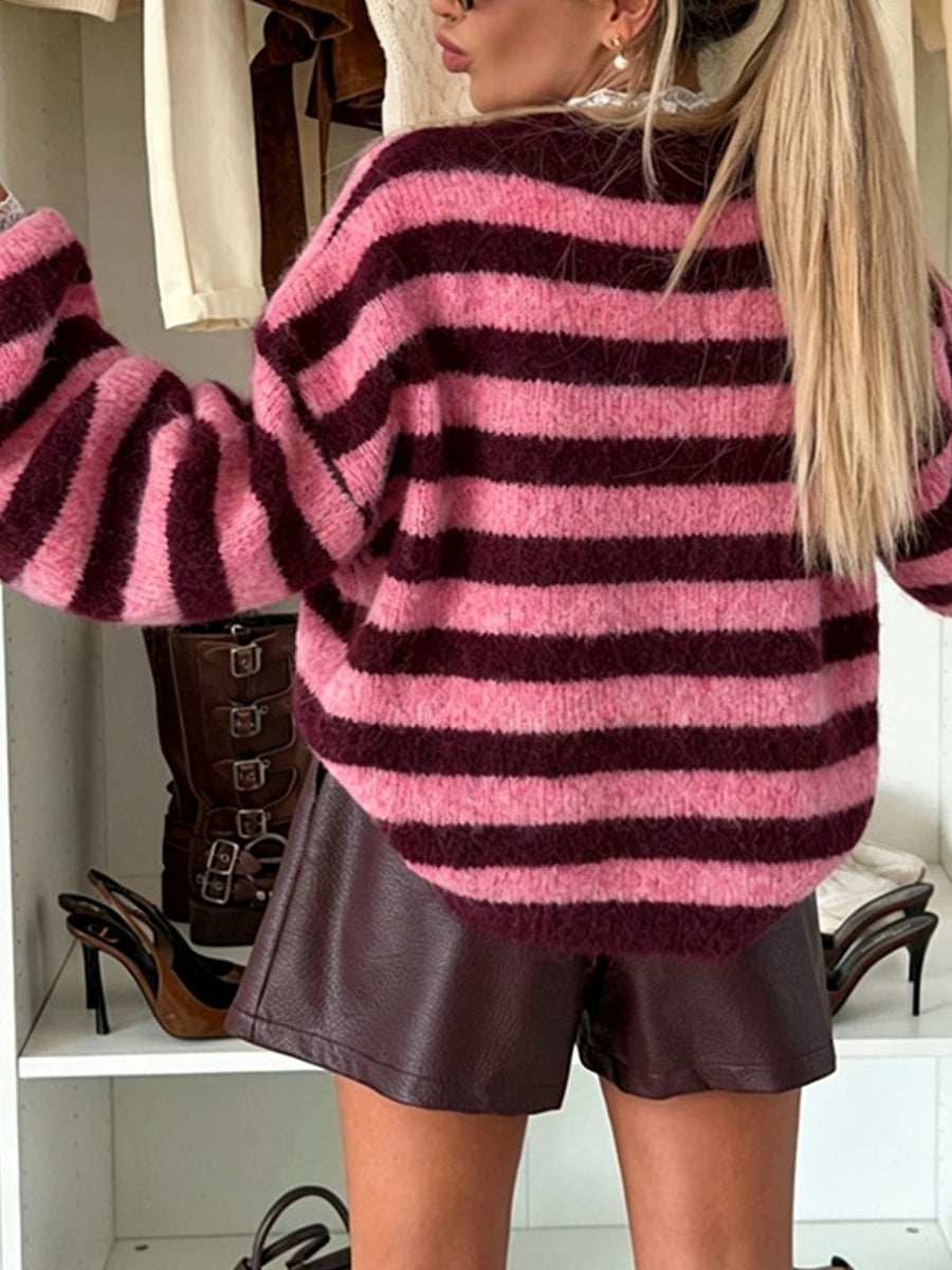 pullover sweater in Coffee Brown with striped and dropped shoulder