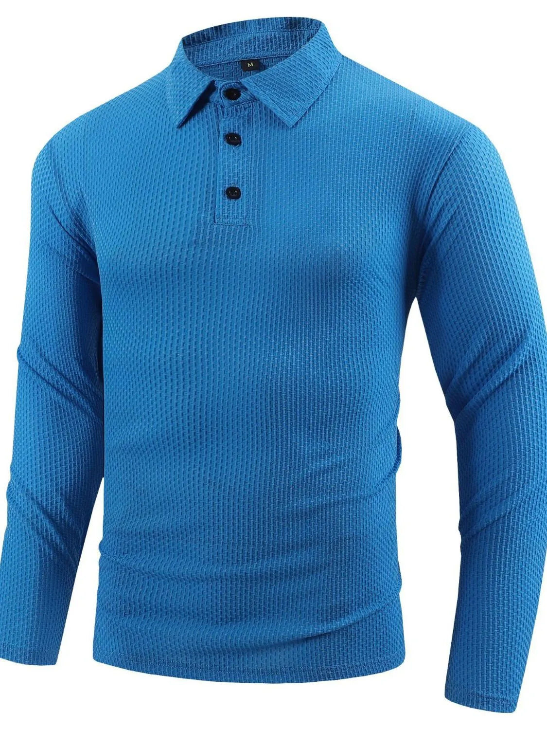 Textured sky blue long sleeve polo shirt with articulated sleeves and black buttons.