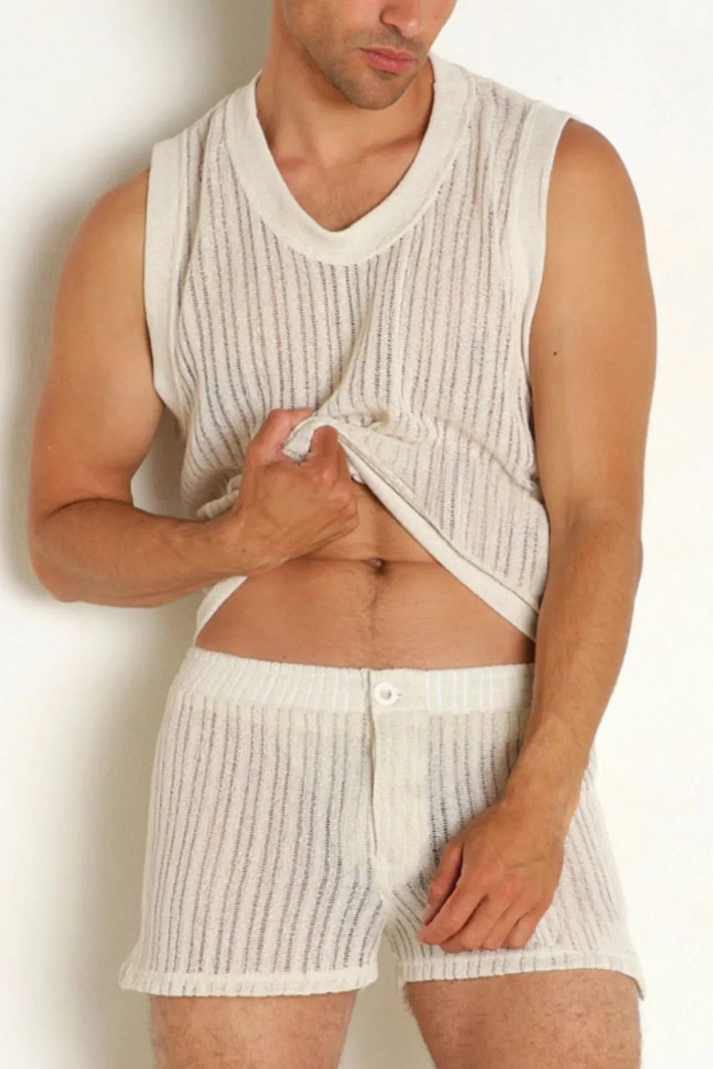 Textured knit tank and shorts set in ivory with vertical stripes.