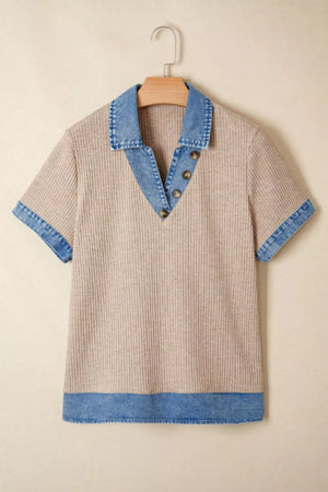 Ribbed knit tunic top in beige with a denim collar, button placket, sleeve cuffs, and hem.