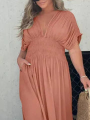 Apricot V-neck dolman sleeve maxi dress with smocked waist and pockets