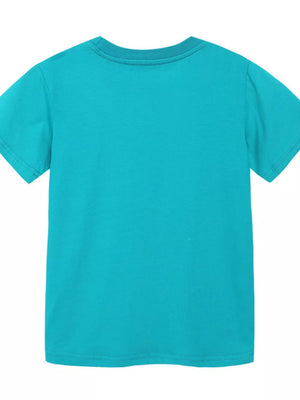Kids' turquoise cotton blend crew neck t-shirt with short sleeves.