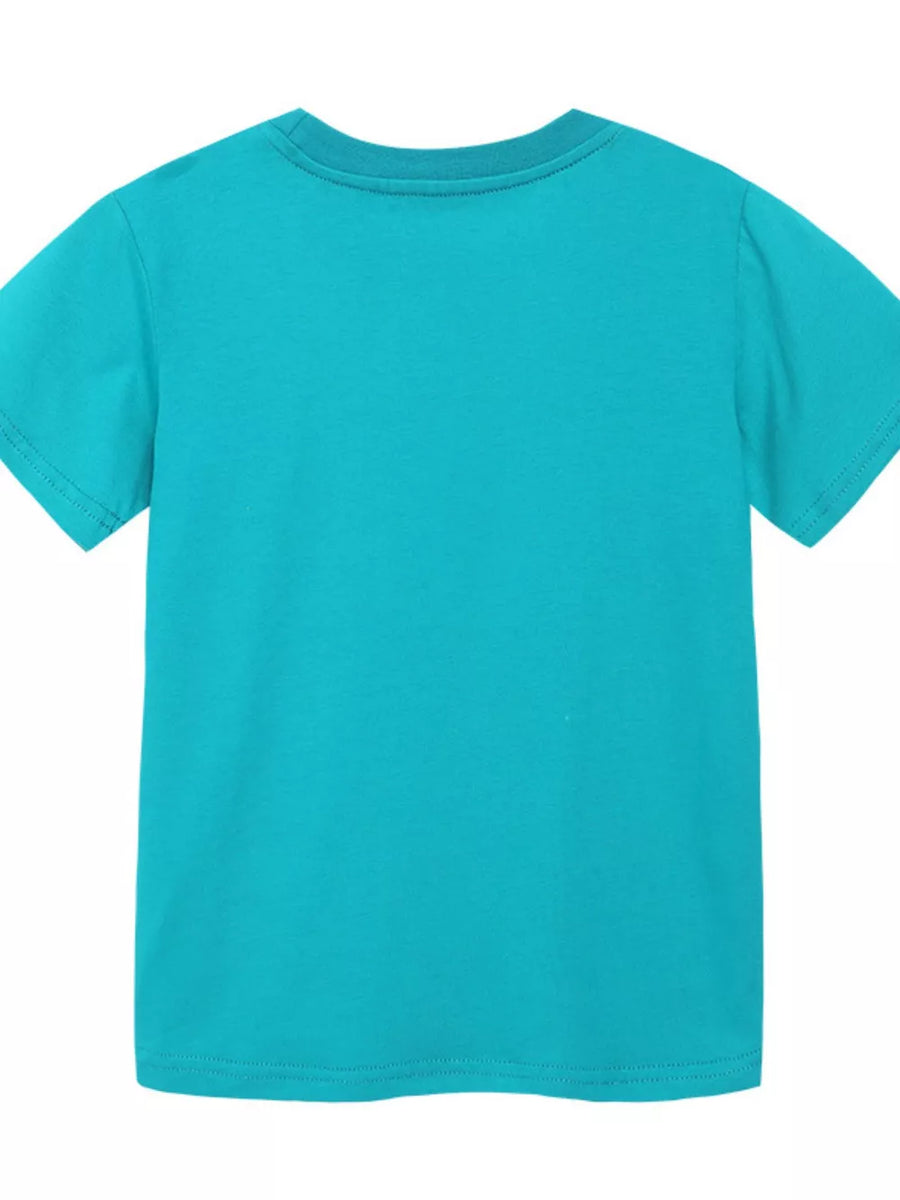 Kids' turquoise cotton blend crew neck t-shirt with short sleeves.