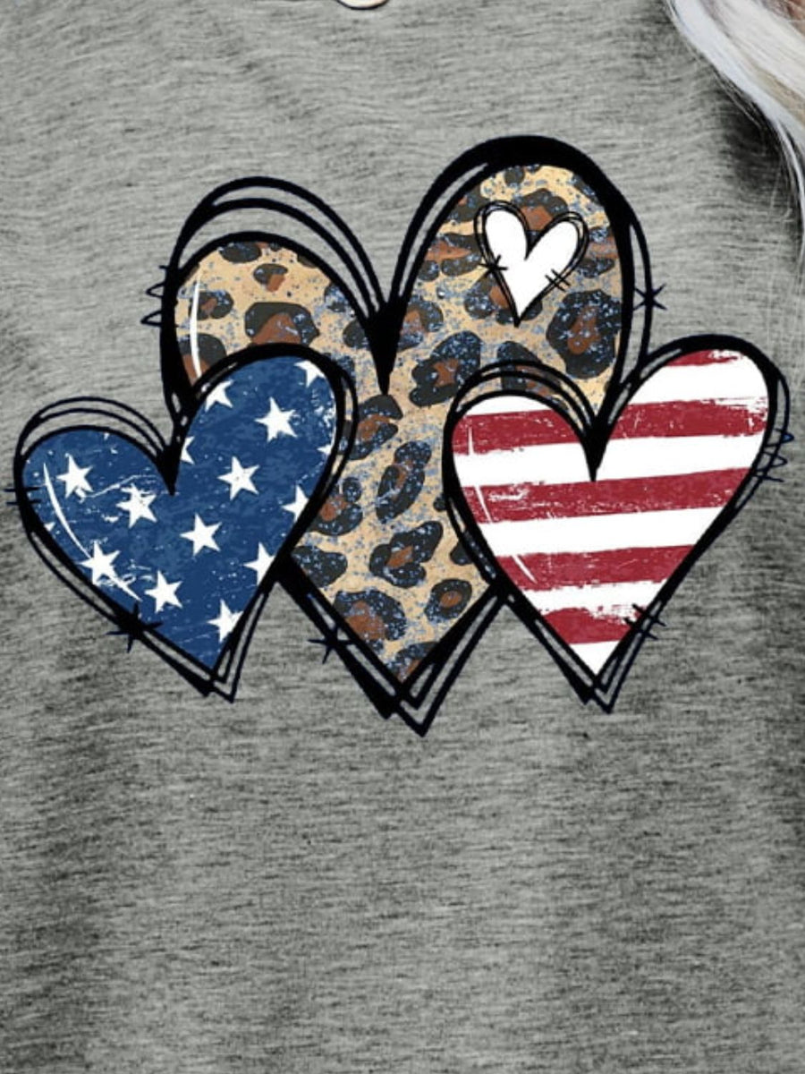 Mid Gray t-shirt with a graphic of three hearts: one leopard print, one American flag, and one red and white striped.