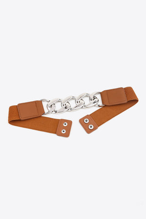 Ochre elastic belt with silver chunky chain and faux leather accents
